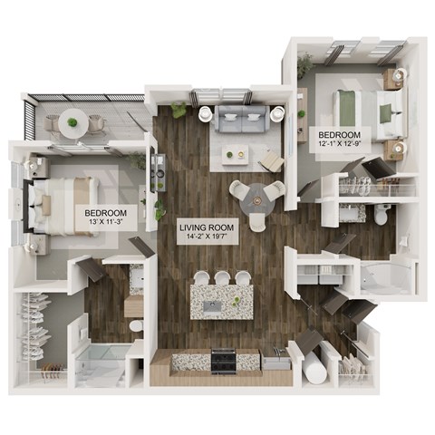 Floor plan for 2 beds, 2 baths, 1193 sqft